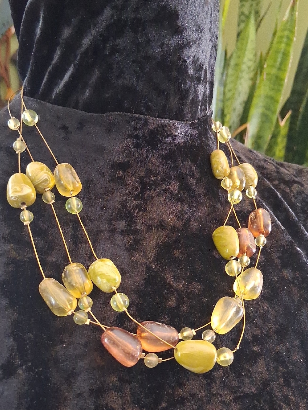 Multi-Strand Marbled Olive Green & Amber Bead Necklace 18- 20 In Long